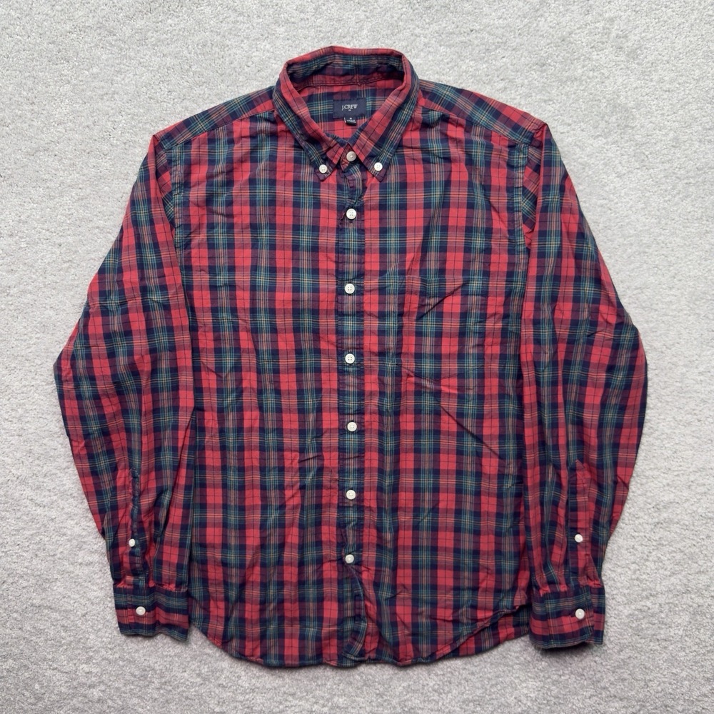 J.Crew Mens Medium Plaid Button Down Shirt Red Navy Green Long Sleeve Cotton - Picture 2 of 5